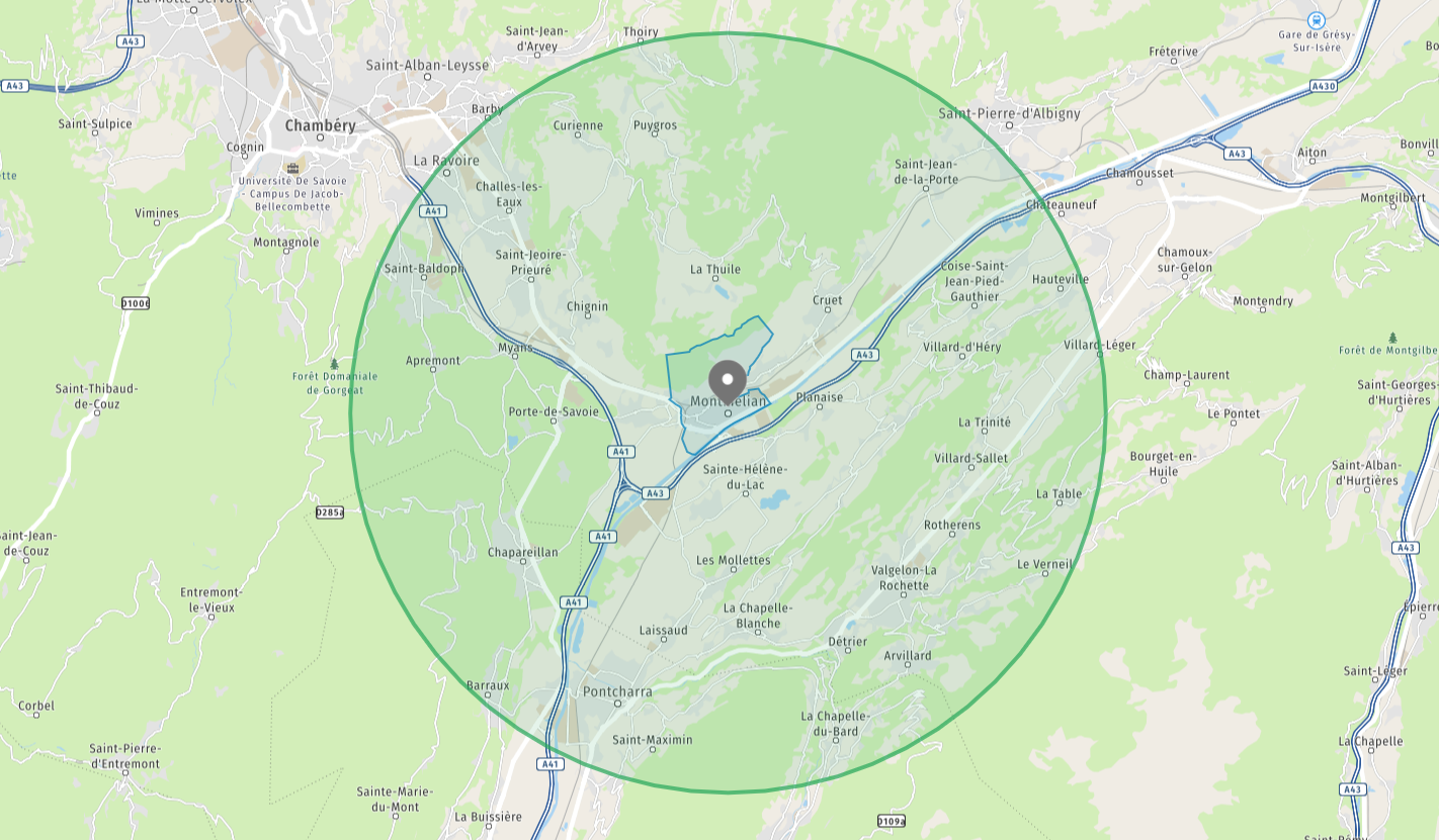 carte de la zone d'intervetion de montmellian jusqu'à chambéry